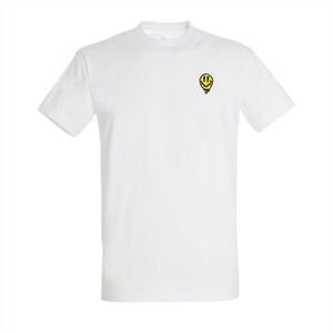 T-Shirt - Wit - Melting Smiley - geborduurd logo - 100% katoen - Comfort Fit