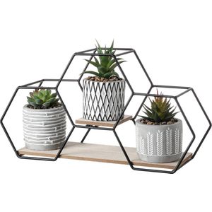 Moderne kunstplant met metalen houten bok voor woondecoratie, set van 3 kunstvetplanten in geometrische keramiek, badkamerdecoratie, woonkamerdecoratie, plankdecoratie, tafeldecoratie
