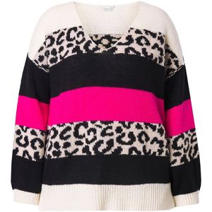 MIAMODA MIAMODA - Dames - Trui oversized blokstrepen met luipaardmotief - Neon bes - Maat 54+