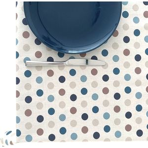 BINK Bedding Tafelkleed - Tafelzeil Dots Blue- Acryl gecoat Katoen 145 x 100 cm - afneembaar - wasbaar - feest - feestdecoratie - kinderfeestje - verjaardag - buiten eten - stippen - ecru - beige - blue - bruin - donkerpaars