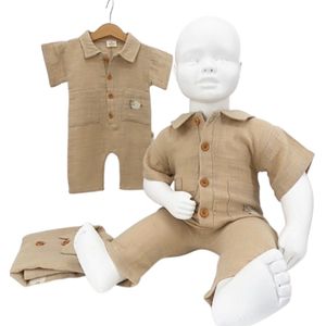 Zomer babypakje – beige – geborduurd schaapje – 100% katoen – 3 tot 24 maanden