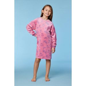 Woody slaapkleed meisjes/dames velours - roze - katten all-overprint - 252-10-YDE-V/951 - maat 98