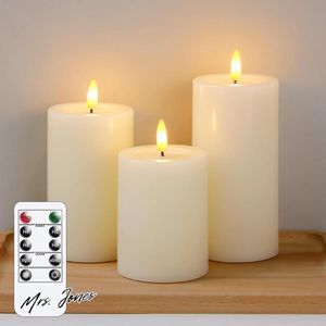 Mrs. Jones Vlamloze led-kaarsen met wasolie-effect flikkerende afstandsbediening verpakking van 3 stuks ivoorzuil op batterijen werkende timer elektrische kaarsen van echte was (75 x 1012515 cm) met afstandsbediening en timer .