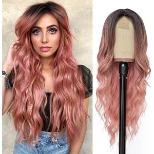Lange Ombre roze golvende pruik voor vrouwen, 26 inch middenstuk krullende golvende pruik, natuurlijk ogende synthetische hittebestendige vezel voor dagelijks gebruik op feestjes (Ombre roze)