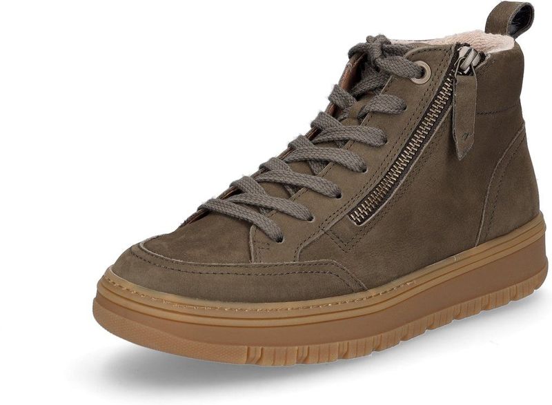 Paul Green - Dames Sportschoenen - Olijfgroen - Hoge Sneaker - Nubuckleer