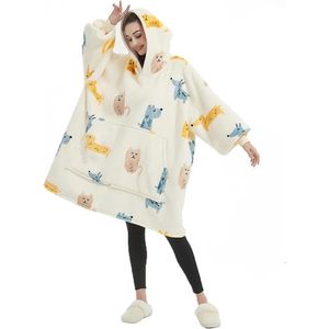 Hoodie-deken voor dames, flanel fleece pullover, sweatshirt, deken, wollige sherpa tv-deken met mouwen, fruitprint-, dierenprint-patroon, oversized, capuchon, pullover, knuffeldeken, eenheidsmaat - Witte teckel 01