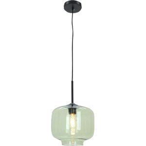 Olucia Anniek - Retro Hanglamp - Glas/Metaal - Groen;Zwart - Rond - 25 cm