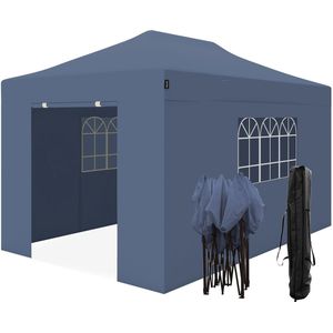 LifeGoods Partytent - Paviljoen - 3x4.5 m - Zijwanden - Easy Up - Opvouwbaar - Waterdicht - Draagtas met Wieltjes - Donkerblauw