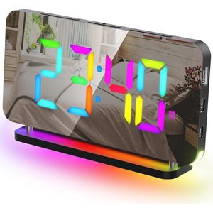Digitale Spiegelwekker met RGB Nachtlampje en Snooze Functie - 7 Inch Wecker met Instelbare Helderheid