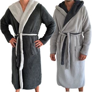 HOMELEVEL Sherpa Heren Omkeerbare Hooded Dressing Gown Huisjas Badjassen Winter Warm Lichtgrijs Maat L