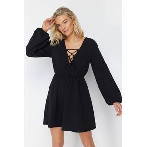 Trendyol Bruine Mini-Geweven Linnenmix Strandjurk Met Biezen Tbess23El00103
