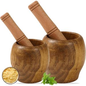 Houten vijzel met stamper - Set van 2 maten Ø 85 cm en Ø 95 cm - Mortar en pestle voor kruiden - Keukenessentieel