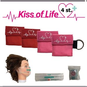 Reanimatiemasker | Kiss of Life | Reanimeren | Beademingshulpmiddel | Sleutelhanger met ring | 2x Roze - 2x Rood