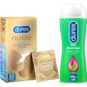 Durex - 10 stuks Condooms - Nude XL - 200 ml Glijmiddel - Play Massage 2/1 Aloe - Voordeelverpakking