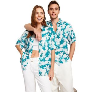 Trendyol Blauw Unisex Oversize Fit Ananas Bedrukt 100% Viscose Korte Mouw Casual Zomer Shirt Tmnss24Go00041