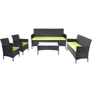 3-2-1-1 Poly-rattan tuinset Halden, loungeset bank ~ antraciet, groene kussens