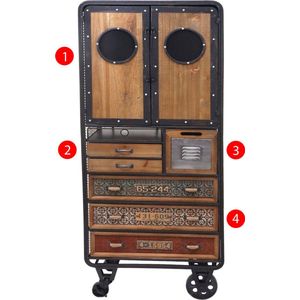 Apothekerskast MCW-D78, ladekast trolley metalen legplank, dennenhout vintage shabby look 146x60x35cm