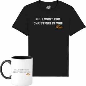 All i want for Christmas is beer - Foute Kersttrui Kerstcadeau - Dames / Heren / Unisex Kleding - Grappige Kerst Outfit - Glitter Look - T-Shirt met mok - Unisex - Zwart - Maat XL