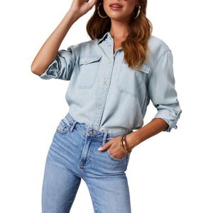 Dames overhemden met knoopjes, casual, lange mouwen, V-hals, chambray blousetop
