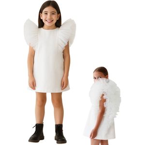 Joya Kids® Bruidsmeisje Jurk Meisje Spierwit met Tule Pofmouwen | Feestjurk Tule Mouwen | Prinsessen jurk Spier Wit | Feestjurk Communie | Kinderjurk Bruiloft | Voor 2 tot 10 jaar oud | Maat 100