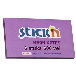 Memoblok Stick'n 76x127mm, neon paars, voordeelverpakking 6 stuks 600 memoblaadjes