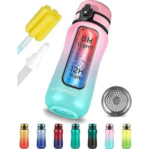 Roestvrijstalen thermosfles Lekvrij-met rietje of zeef -400 ml, 600 ml-BPA-vrij - voor kleuterschool ,school (roze-turquoise, 400 ml)