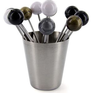 Cocktail Prikkers met Opbergpotje – Set van 12 Luxe Picks – Zwart, Wit, Goud