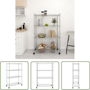 The Living Store Opbergrek 4-laags met wielen 200 kg 90x35x142 cm chroomkleurig - Opslagrek - Industrieel Design - Metalen Opbergkast - Stapelbare Laden - Multifunctionele Kast