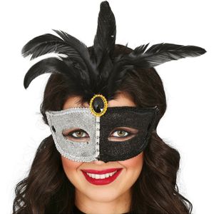 Fiestas Guirca Verkleed oogmasker Venitiaans - zwart/zilver met veren - volwassenen - Carnaval/gemaskerd bal