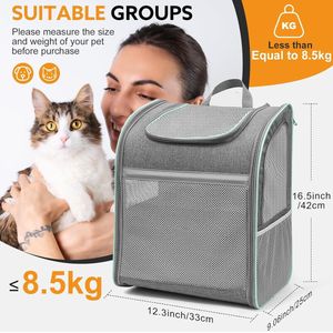Hondenrugzak, kattenrugzak, transportbox voor katten tot 8 kg, comfortabele hondenrugzak tot 8 kg, ideale kattenrugzak voor veilig vervoer van katten, 42 x 33 x 25 cm (hemelsgrijs)