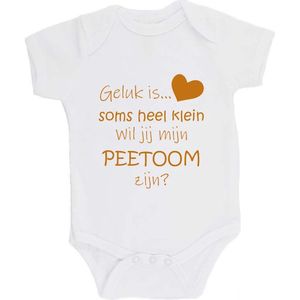 100% katoenen Romper ""Geluk is soms heel klein Wil jij mijn PEETOOM zijn?"" Meter Unisex Katoen Wit/tan Maat 68/74