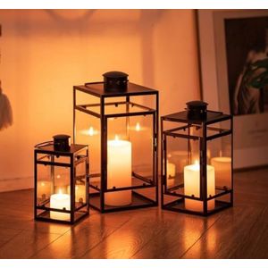 Selbro ® Zwarte Kaarslantaarn Set van 3 - Duurzaam Metaal en Glas - Geschikt voor Binnen en Buiten - Decoratief voor Tuin, Woonkamer, Bruiloften en Feesten