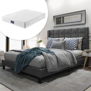 Merax Gestoffeerd Tweepersoonsbed 140x200 cm Inclusief Binnenveringmatras - Bed met Gewatteerd Hoofdbord en Matras - Grijs