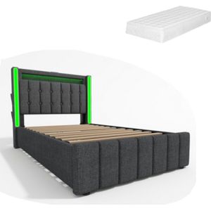 Gotagee Gestoffeerd bed USB Type C oplaadfunctie LED verlichting en 2 lades, jeugdbedden 90x200cm eenpersoonsbed opbergbedden bedframe, houten lattenbodem, grijs (met matras)