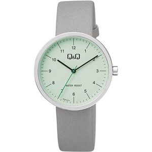 Q&Q QC24J315Y - Horloge - Analoog - Heren - Mannen - Leren band - Rond - Metaal - Cijfers - Grijs - Zilverkleurig - Lichtgroen - 3 ATM