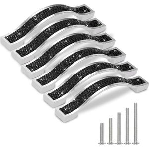 Soleebee 6 stuks meubelgrepen, bling strass handgrepen voor keukenkasten, deurgrepen, garderobebebeslag, kastgrepen, commode, kledingkast, ladegrepen, decoratie, handvat met schroef (zwart, 11 cm)