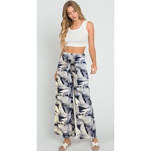 Dames / Vrouwen Lange Culotte / Wijde Pant / Broek | Ladies / Women's flowing wide-leg Trousers |Marineblauw | Wit | palmblad | Maat 46