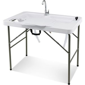 COSTWAY Visreinigingtafel, inklapbare filetietafel met 2 ingebouwde spoelbakken, 360° draaibare kraan en meetschaal, draagbare campingtafel voor kamperen, vissen, grillen