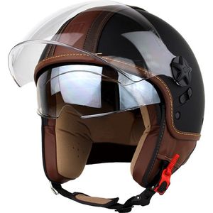 Motocubo - top cube - jethelm - dubbel vizier - mat zwart - bruin leer - maat S - snorfiets, scooter en motorhelm - ECE 22.06