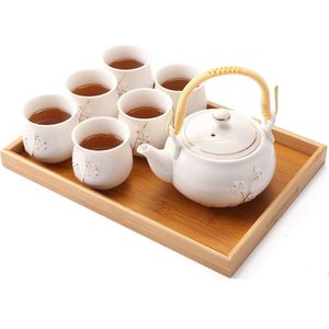 Japans theeservies, theeservies van wit porselein met 1 theepot, 6 theekopjes, 1 dienblad, 1 thee-ei, zoete Aziatische theeset voor theeliefhebbers (pruim in goud)