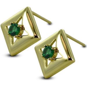 Silventi 9SIL-21534 Zilveren Oorknopjes - Dames - Ruit - 8,5 x 8,5 mm - Groen Agaat - Ster - Zilver - Gold Plated (Verguld/Goud op Zilver)