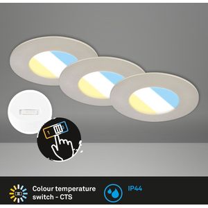 BRILONER - Inbouwspots badkamer - 7598032 - CTS kleurtemperatuurregeling via schakelaar - IP44 spatwaterdicht - Set van 3 - 4,9W - 580 lm - 9 x 4 cm - Mat nikkel