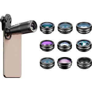 DrPhone APL6+ Smartphone Lens kit- 10 in 1 - 22x telelens, 198 ° fisheye, Groothoek/Macro/CPL/STAR/ Caleidoscoop 3/6 & Radiale Filter Lenzen