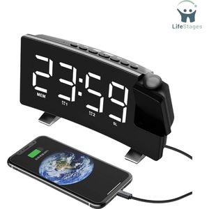 LifeStages - Klokradio - Radiowekker - Met - Projectie - Digitale - Wekker - LED - Wekker - Reiswekker - FM-Radio - USB-Aansluiting - Tafelklok - 3 Niveaus - Helderheid 180 ° Projectie - Display - Kan - Worden - Uitgeschakeld - Dimbaar - Wit