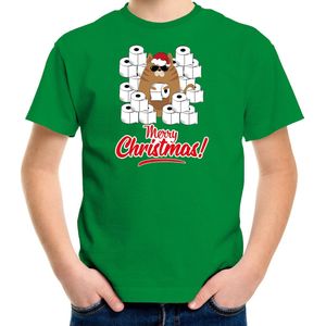 Fout Kerstshirt / Kerst t-shirt met hamsterende kat Merry Christmas groen voor kinderen- Kerstkleding / Christmas outfit 116/134