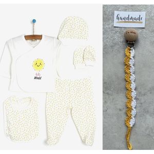 Hello world 5-delige Newbornset met handgemaakte speenkoord - Newborn kledingset - Babykleding - Babyshower cadeau - Kraamcadeau - Baby