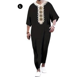 Livano Moslim Kleding - Djellaba Heren - Islamitische Kleding - Alhamdulillah - Arabisch Mannen Kaftan - Zwart & Goud - Maat L