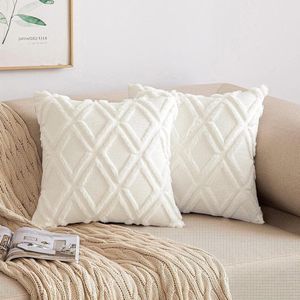 Sierkussenslopen van wol fluweel boho decor - set van 2 - voor bank slaapkamer woonkamer - 50 x 50 cm - melkwit .