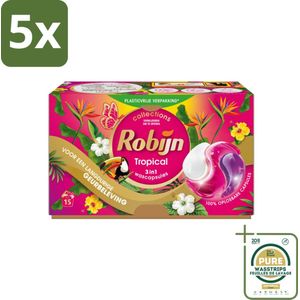 5 x Robijn - 3-in-1 Tropical - Wascapsules - 15 Wasbeurten - Grootverpakking - 3-in-1 Wascapsules - Gekleurde Was - Kleurbehoud - Tropische Geur - Wascapsules