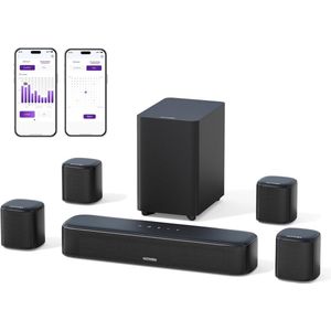 Virtuele Surround Soundbar voor TV met Subwoofer en 4 Surround-luidsprekers - 7.1 Surroundinstallatie met App-bediening en Hoog Vermogen